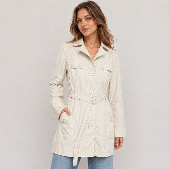 Tout Simplement Jackets & Blazers - Tout Simplement Womens S Ivory Belted Trench Coat Utility Jacket Lightweight